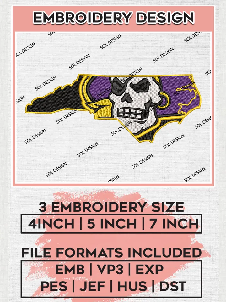 NCAA East Carolina Pirates Team Skull Logo Embroidery Design Files, NCAA East Carolina Pirates Machine Embroidery, NCAA Teams, 3 sizes, NCAA Machine embroidery designs, Digital Download