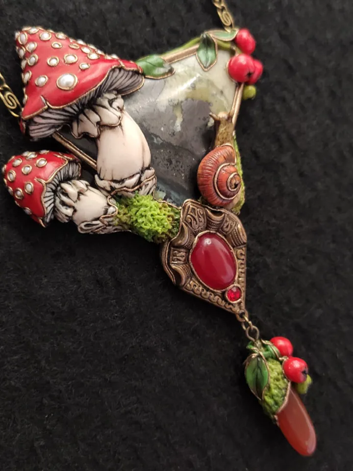 Amanita necklace, Mashrooms Necklace, Polymer clay necklace,Nature Necklace