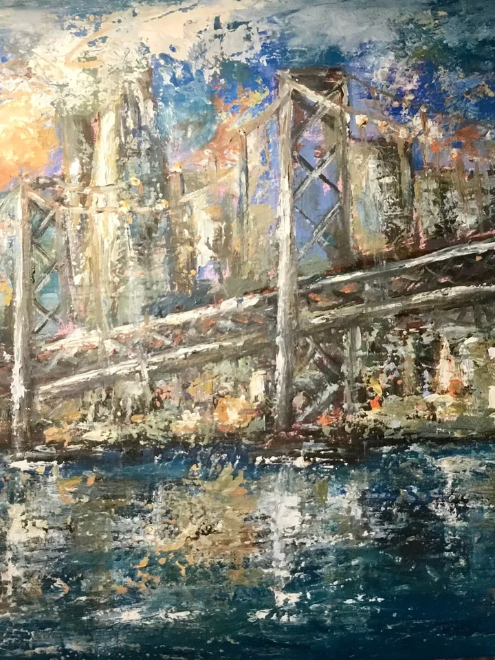 San Francisco at sunset,original oil painting stretched canvas,textured impasto cityscape,USA bridges and cities wall hanging,,large canvas