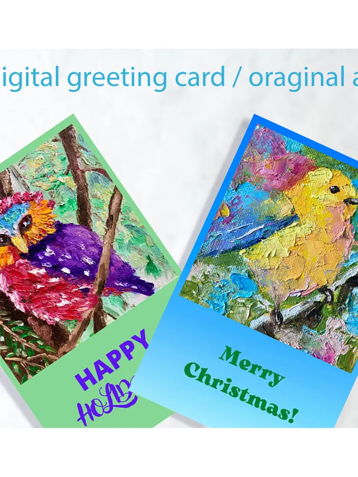 Holiday Birds Assorted Cards, Set of Greeting Cards, Cute Bird Cards to Download, Greeting E-Cards