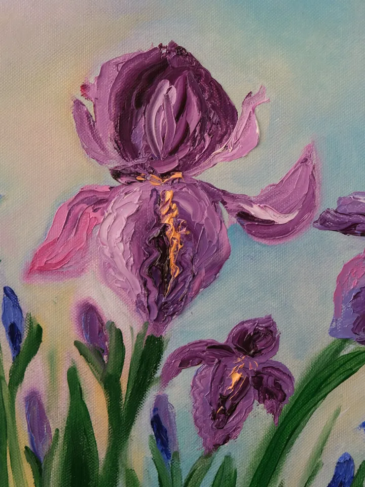Oil Painting Irises Spring Flowers Floral Art Nature Bouquet of Irises Collectible Art Gift For the Occasion Wall Decor Stretched Canvas 22x18 inches 55 x45 cm Impressionism