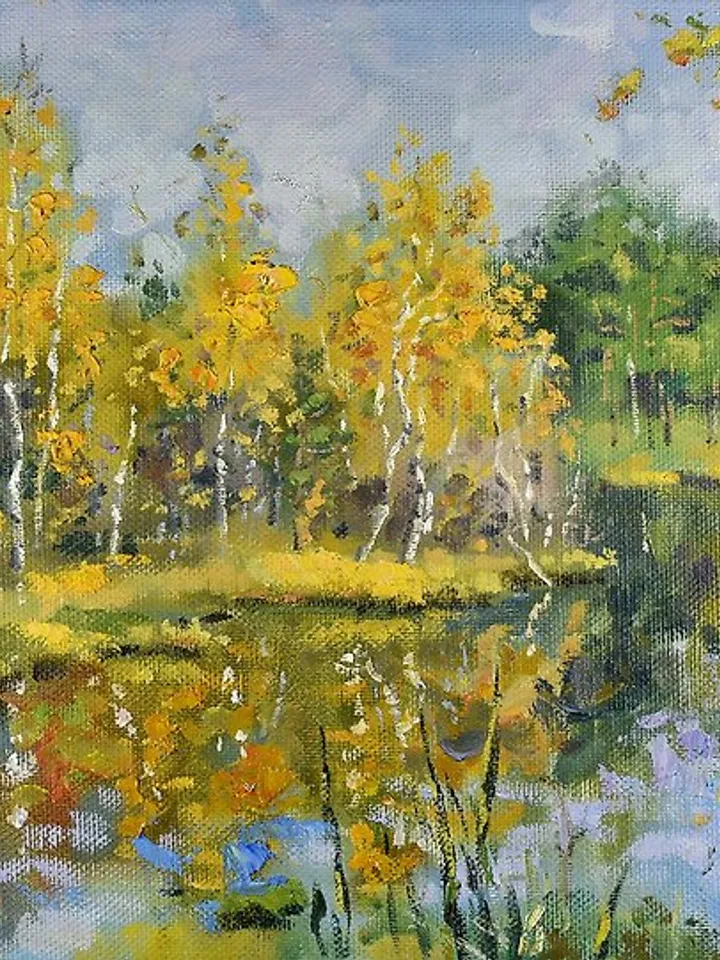 Autumn Walks Painting Lake Birch Landscape Original Art Nature Forest Art