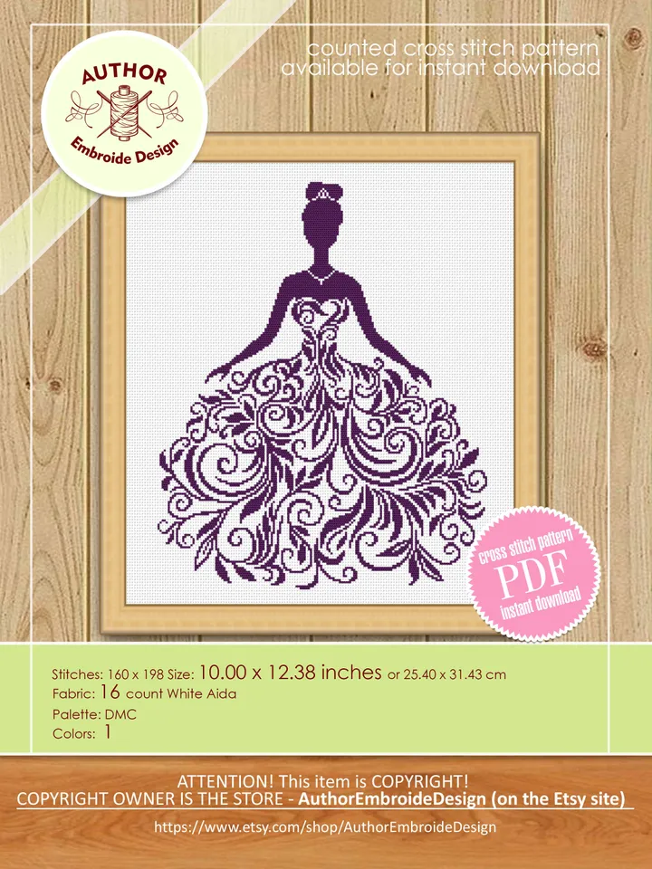 Wedding Dress cross stitch pattern download PDF Silhouette bride cross stitch chart, Monochrome cross stitch mandala dress, Home decor #M193