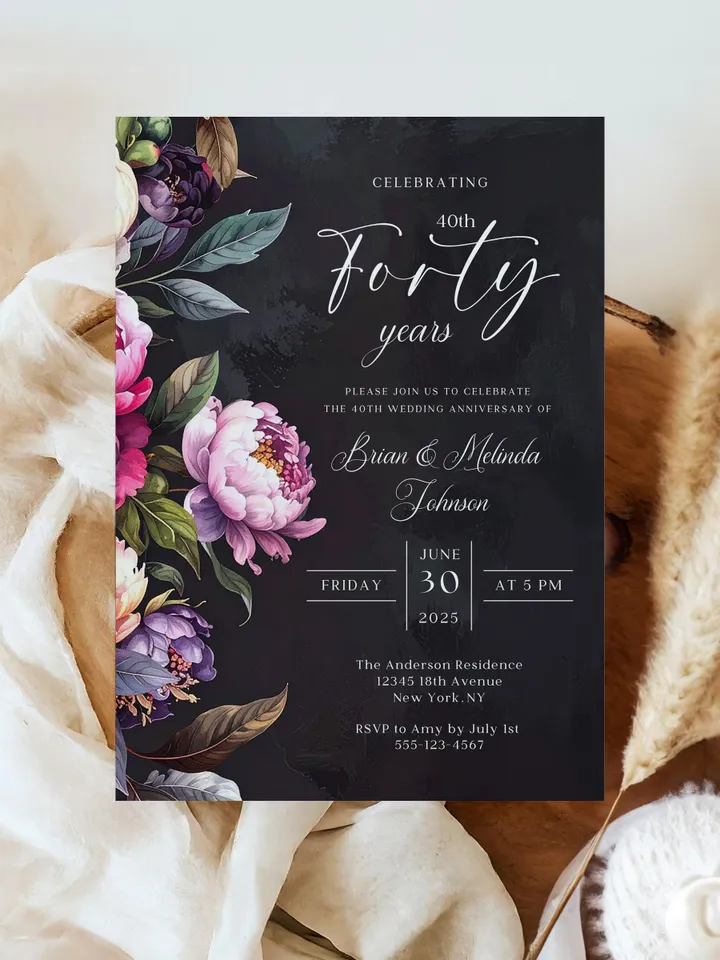 40th Anniversary Party Invitation, 30th, 50th, 60th, 70th, Moody Burgundy & Blush Peony Floral Canva Template 5x7 birthday evite