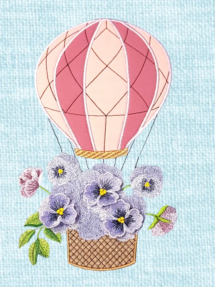 Air balloon with 3Dflowers Machine embroidery design digital embroidery pattern home and clothing décor embroidery motif 3Dembroidery design