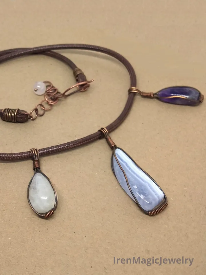 Necklace "Three stones" Moonstone Blue Agate Amethyst