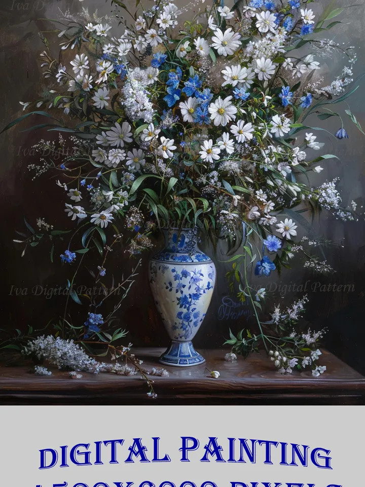 Abstract Digital Art, Painting with Blue Wildflowers, Wall Art Decor 3:4, Digital Print, Flowers in Vase