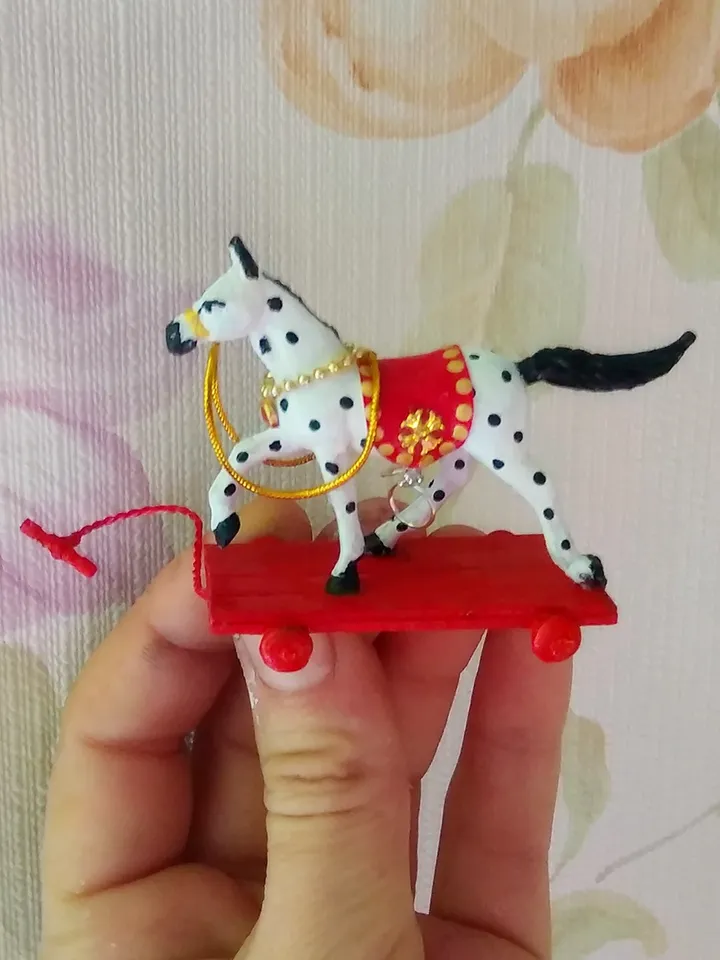 Horse on a cart. Dollhouse toy.1:12 scale.