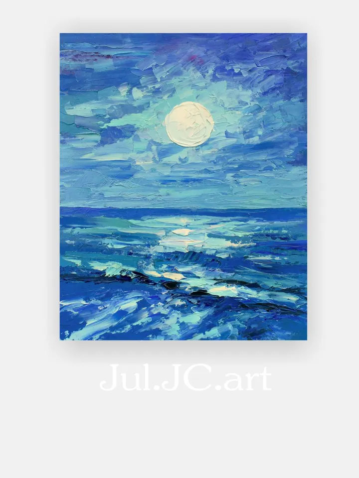 Moonlight night painting Seascape wall art original art Ocean oil painting Seaside artwork 8 by 10 inch by Juliya JC