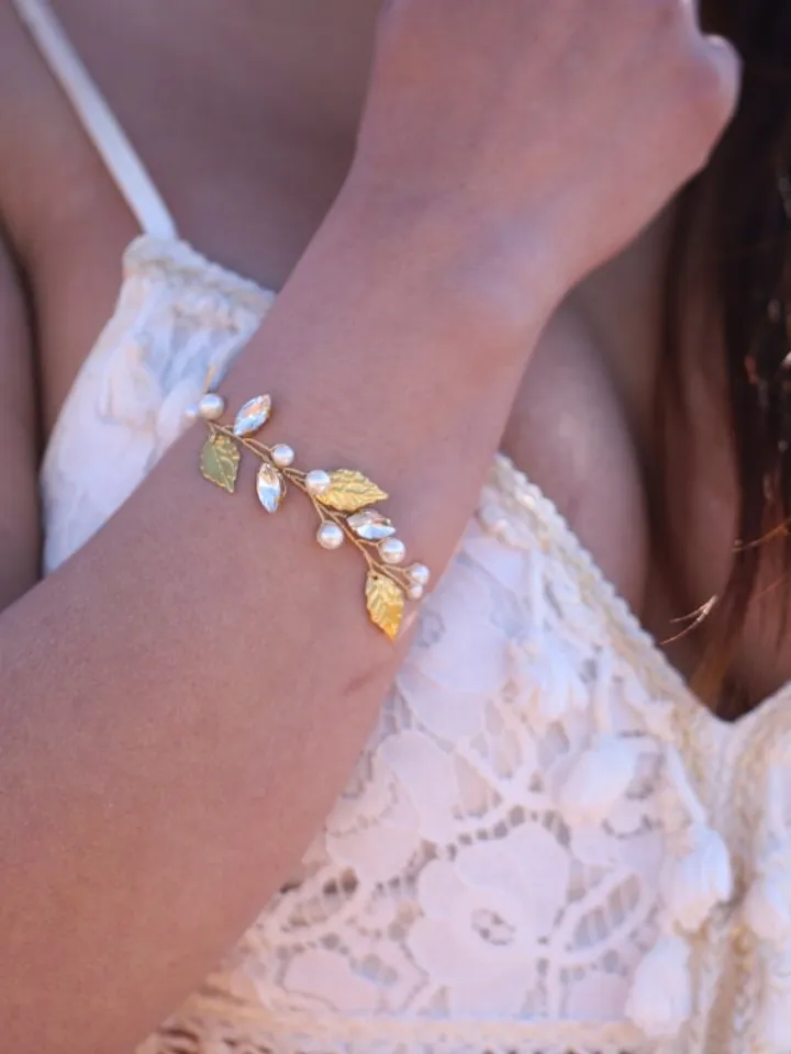 Boho Wedding Bracelet, Gold Leaf Statement Wedding Earrings, Pearl Bridal Bracelet, Statement Wedding Jewelry, Swarovski Crystal Jewellery