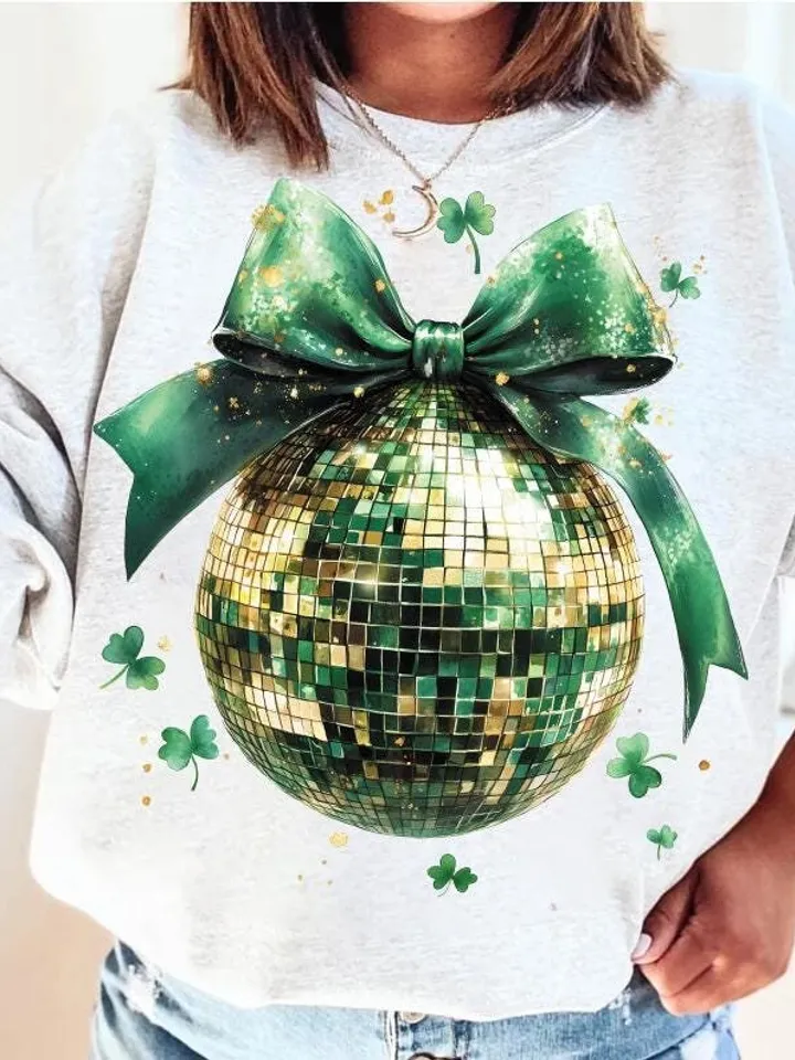 St Patricks Day Disco ball Coquette Bow Four Leaf Clover Lucky Shamrock Bow Lucky Charm Irish Day Shirt Design St Pattys Day Coquette Png