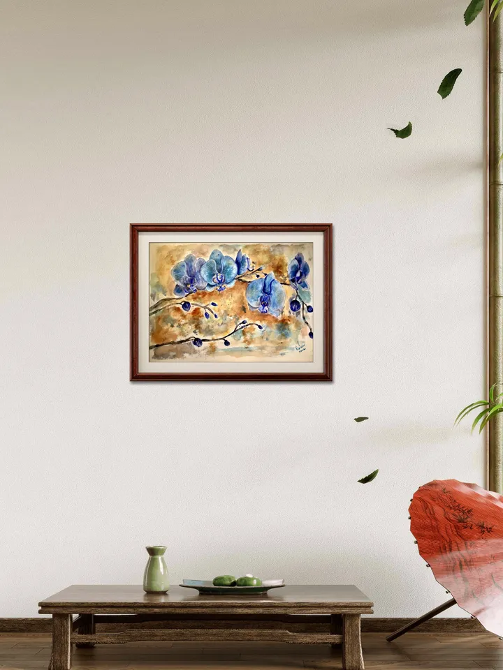 Blue orchids original watercolour painting,flowers watercolour painting,orchids wall art,unique watercolour gifts,one of a kind.