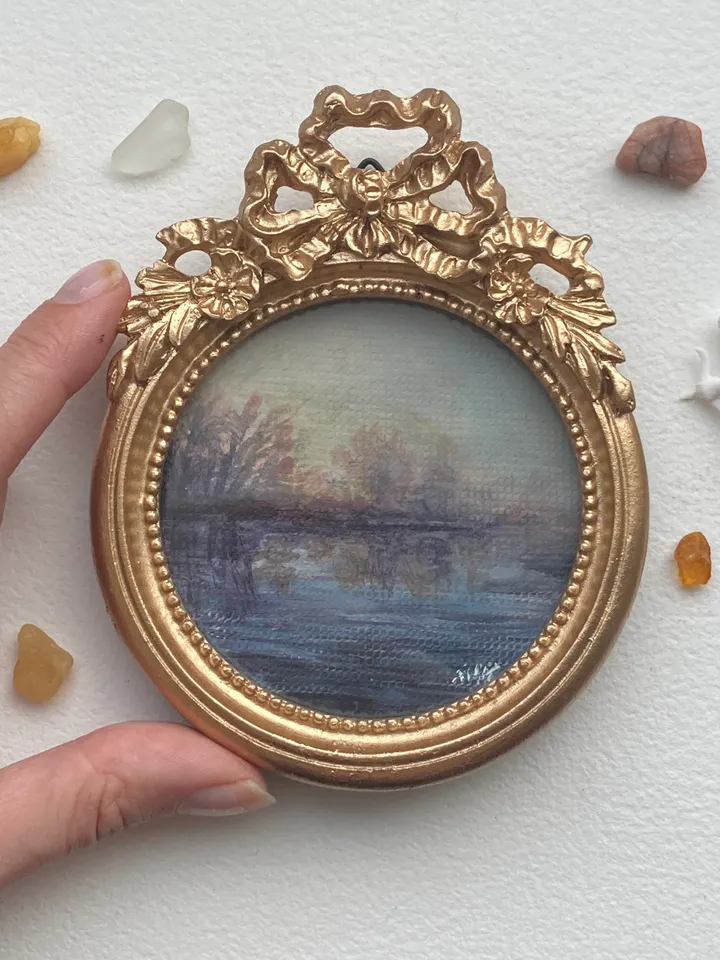 Round Forest Painting Landscape Dark Art Original Moody Victorian Painting Small Framed Wall Decor Gold Frame 4 by 4 Art