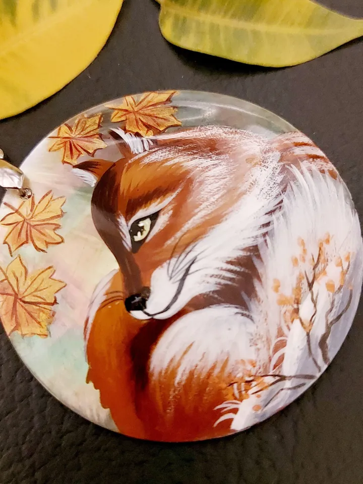 Beautiful Pendant Mother-of-pearl"Fox". miniature Hand-painte. Russian jewelry. Art gift.Wildlife gift. Fox lover gift. Forest jewelry.
