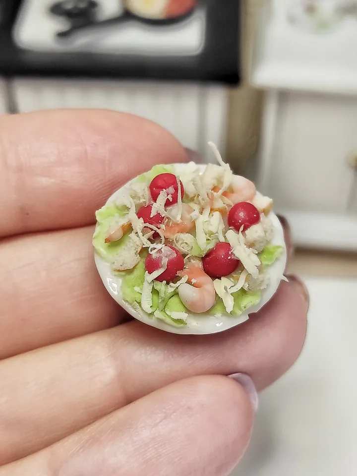 Realistic Caesar salad with shrimps - realistic salad - doll food - 1 12 scale - mini food - miniature for dollhouse