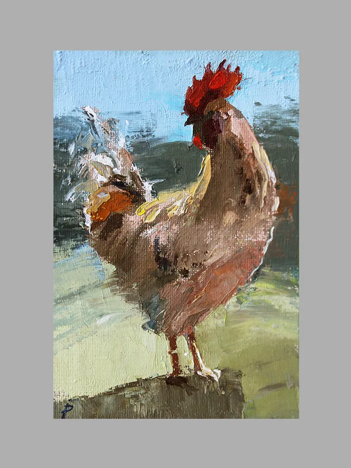 Morning. Rooster . Oil on canvas on quartz vinyl.