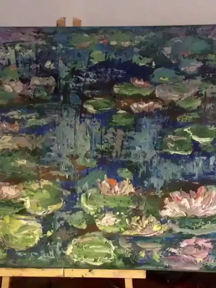Waterlillies original oil painting on stretched canvas,textured impasto painting,pond of waterlilles,impressionistic,wall hanging,gift.