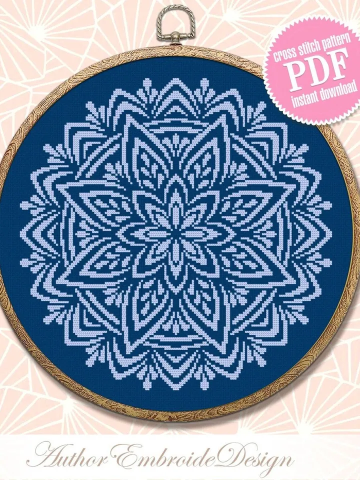 Flower mandala cross stitch pattern PDF download Mandala ornament cross stitch chart, Monochrome floral mandala pattern digital PDF #M232