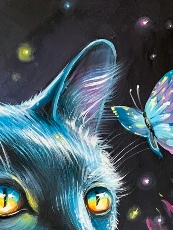 Black Cat and butterflies, oil painting on cardboard