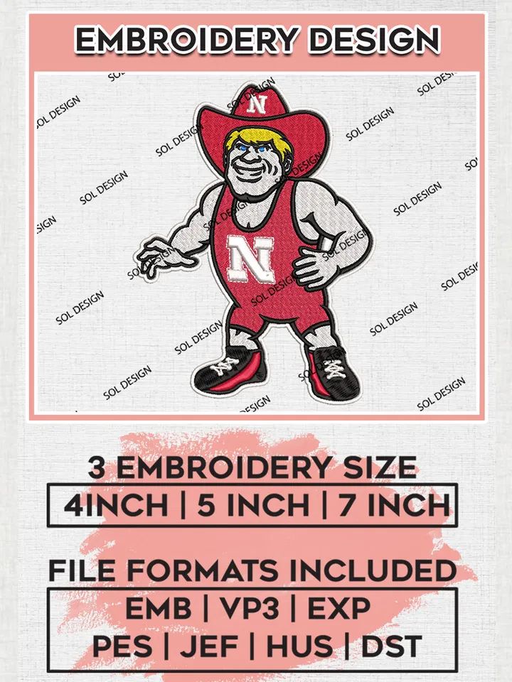 Funny Nebraska Cornhuskers Team Mascot Logo Embroidery Design Files, NCAA Nebraska Cornhuskers Machine Embroidery, NCAA Teams, 3 sizes, NCAA Machine embroidery designs, Digital Download