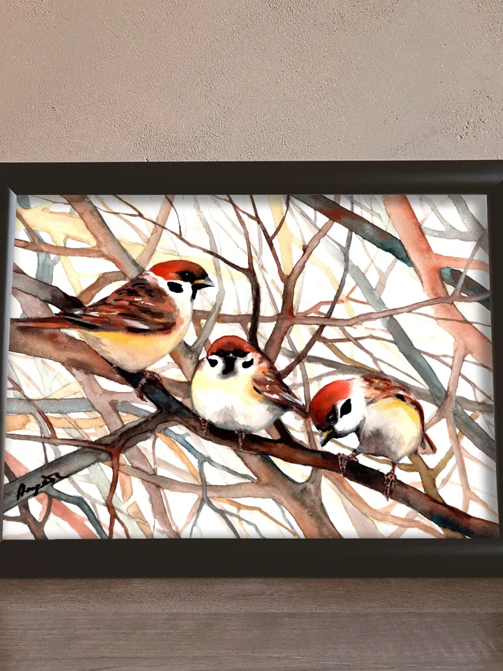 The birds i love original watercolor sparrows painting 8x11 in, sparrows on a branch art for birds lovers by Anne Gorywine