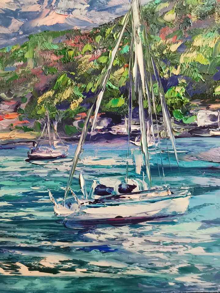 Yachts Sailboats Sea Mountains Original Art Oil Painting Resort Rocks Artist Svinar Oksana