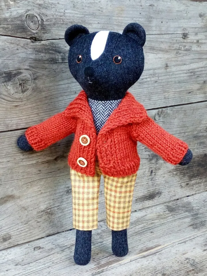 Skunk boy, handmade plush animal toy, wool stuffed skunk doll