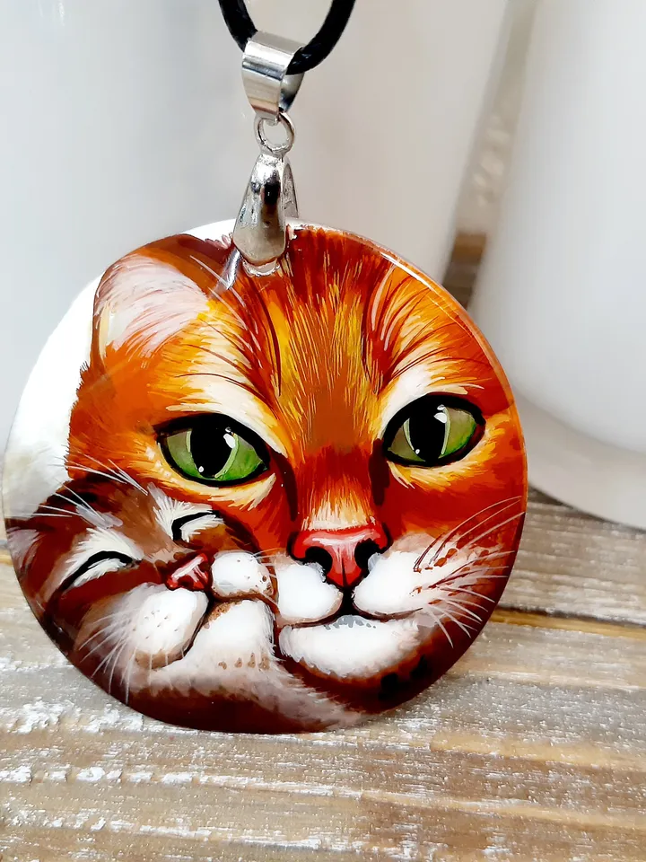 Beautiful Pendant"Cat and kitten" Hand-painted,Russian jewelry,Art gift,Mother-of-pearl hand-painted,Miniature painting, Art Gift