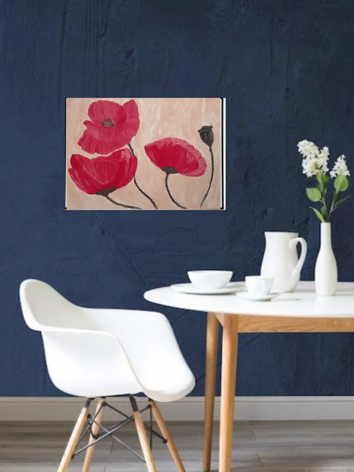 Oil Painting Flowers Red Poppies Original Art Handmade Canvas 28x20 Inch