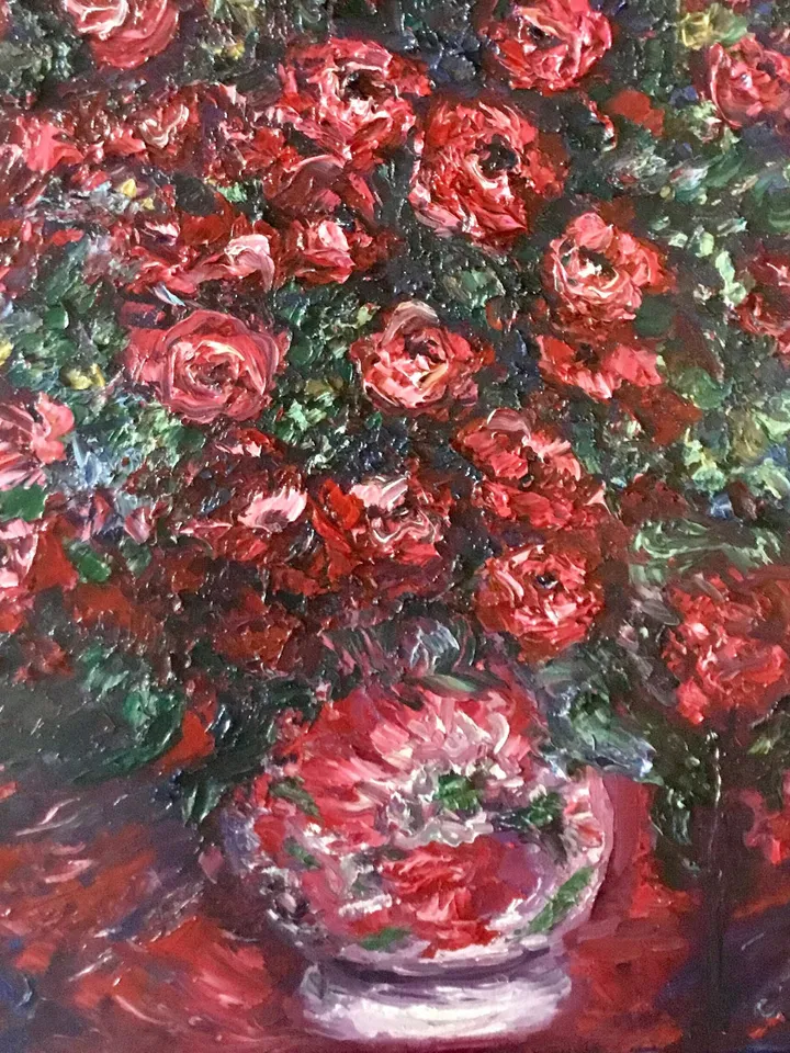 Red flowers in a vase,original oil heavy textured impasto painting on 3d canvas ,wall hanging,home decoration,gift.