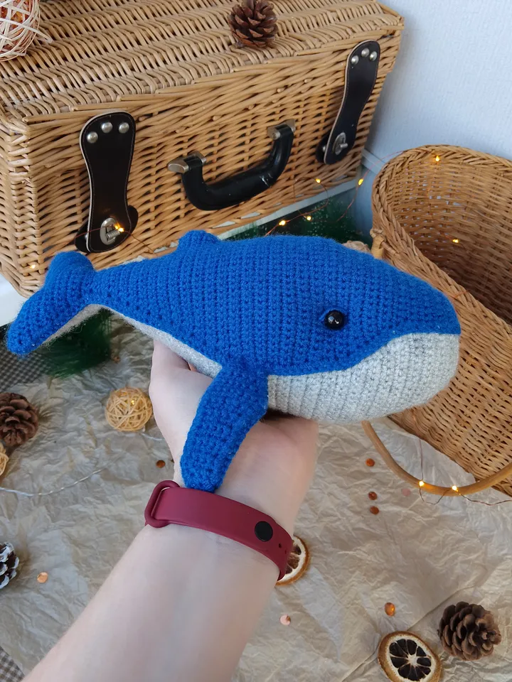 Stuffed blue Whale toy nursery decor for baby. Stuffed animal cotton yarn whale for home decor. Big original whale toy