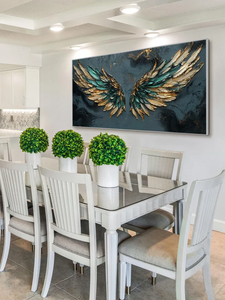 Large Emerald Green & Gold Angel Wings Impasto Painting, Textured 3D Wall Art, Original Abstract Art, Unique Home Decor, Office Wall Decor