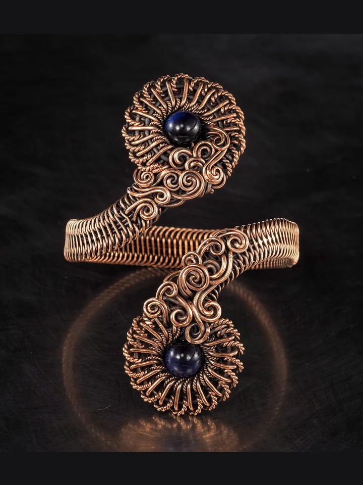 Natural falcon eye cuff bracelet for woman, Copper wire wrapped flower bangle