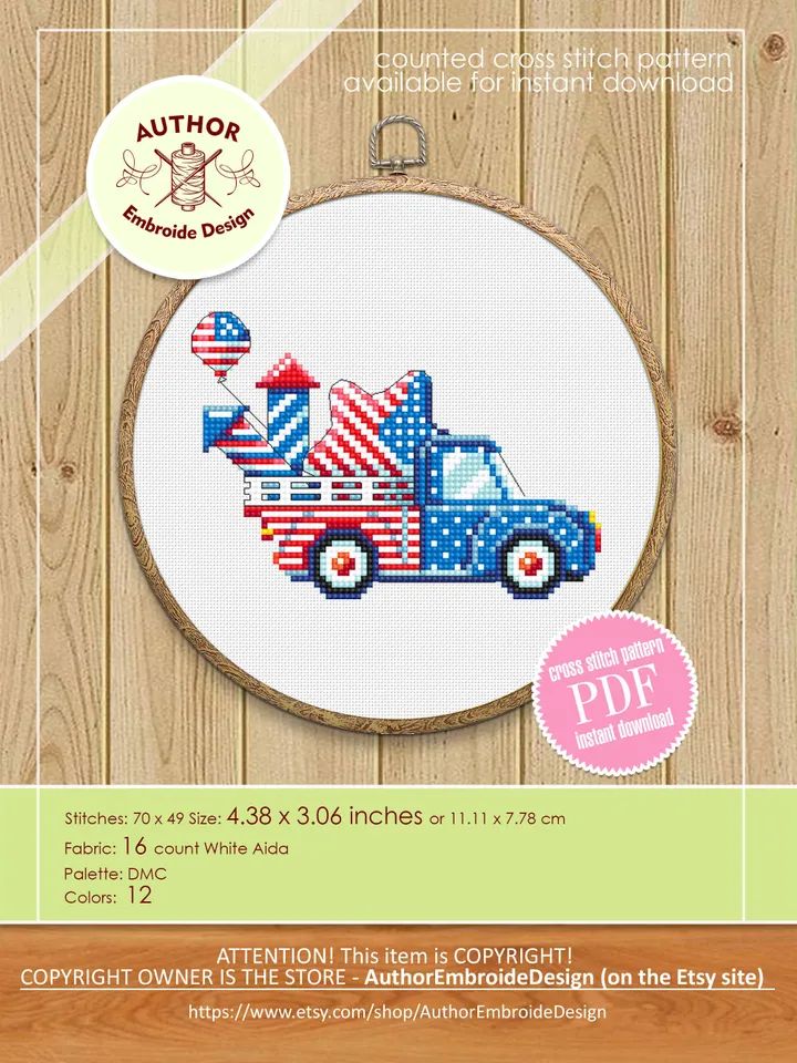 Patriotic retro truck cross stitch pattern PDF download Independence Day cross stitch 4th of july truck American flag Stars and stripes #T34