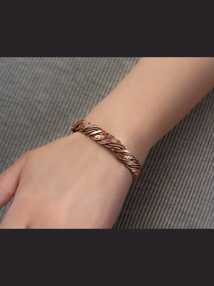 Wire wrapped bracelet, Unique 7th 22nd Anniversary gift idea, Art Nouveau antique style, One of kind braided statement bangle, Handmade oxidized pure copper jewelry, Pain relief, EMF protection