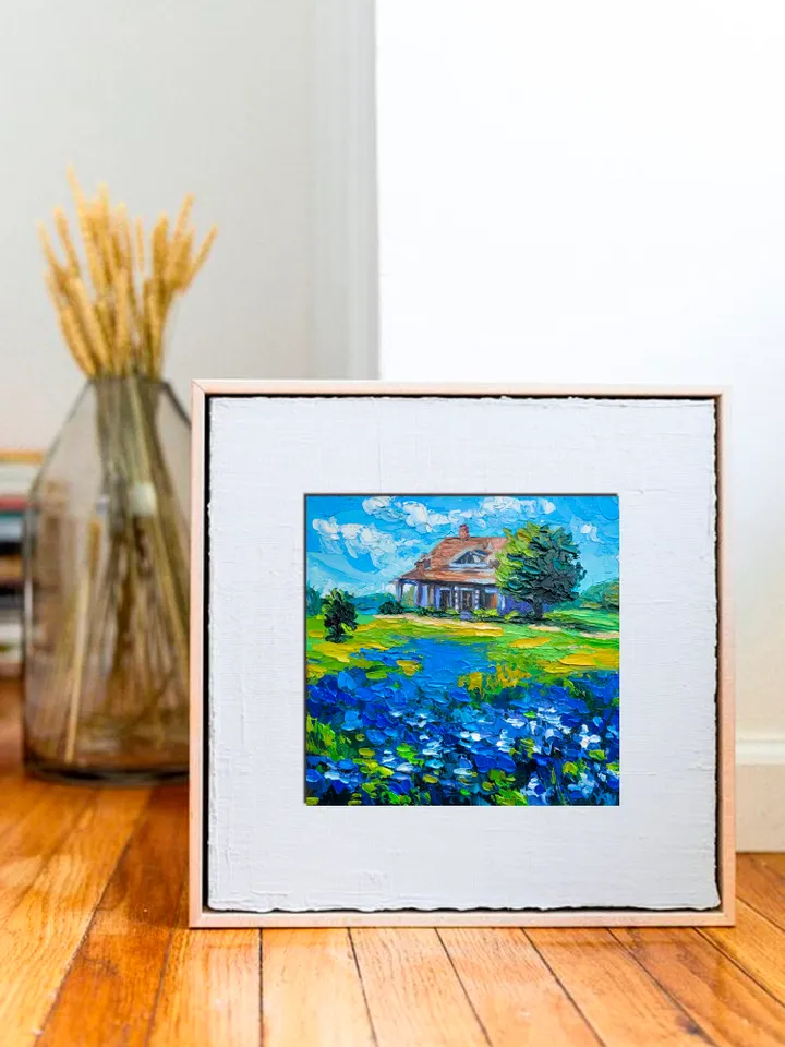 Texas Bluebonnet Painting Old Barn Painting Original Impasto Oil Painting 8x8 Texas Wildflower Countryside Painting Farm Wall Art Home Decor