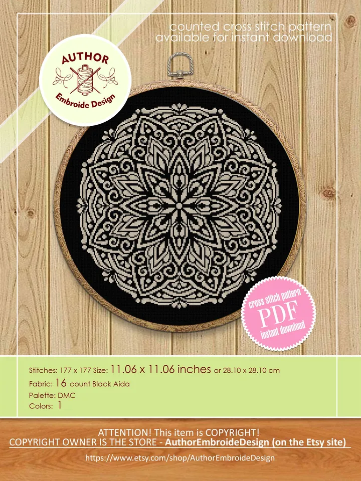 Flower mandala cross stitch pattern PDF download Mandala ornament cross stitch chart, Mandala pattern digital PDF, Mandala embroidery #M268