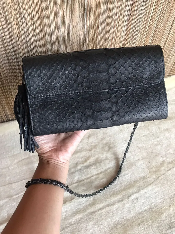Genuine python skin classy flat clutch with shoulder chain | elegant evening women purse | designer leather bags | small shoulder snake bag