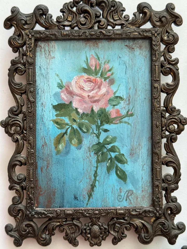Roses Oil Painting Aceo Original Painting Framed Shabby Chic Painting