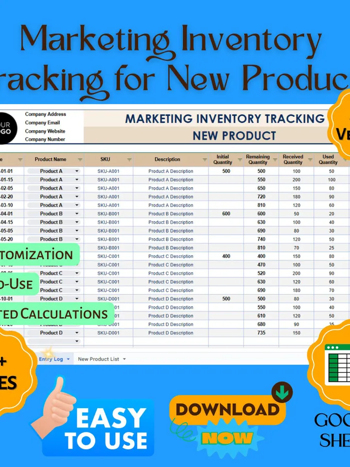 Marketing Inventory Tracking Template for New Products, Editable Google Sheets Digital Download, Easy-to-Use Marketing Organizer
