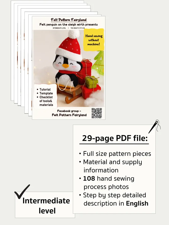 Felt penguin on the sleigh with Christmas presents hand sewing PDF tutorial with patterns, DIY Christmas tree ornament. Soft toy pattern