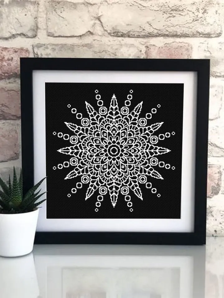 Flower mandala cross stitch pattern PDF download Mandala ornament cross stitch chart Monochrome mandala pattern digital PDF Home decor #M235