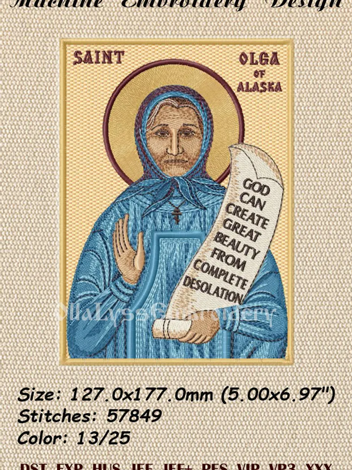 Saint Olga of Alaska 5x7 machine embroidery design