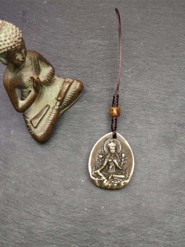 Gandhanra Antique Tibetan Buddhist Protective Amulet,Green Tara Pendant,Jetsun Dolma,Made of Brass