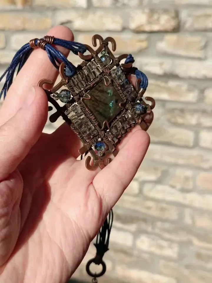 Boho Copper Labradorite Wire Wrap Necklace, Vintage Look