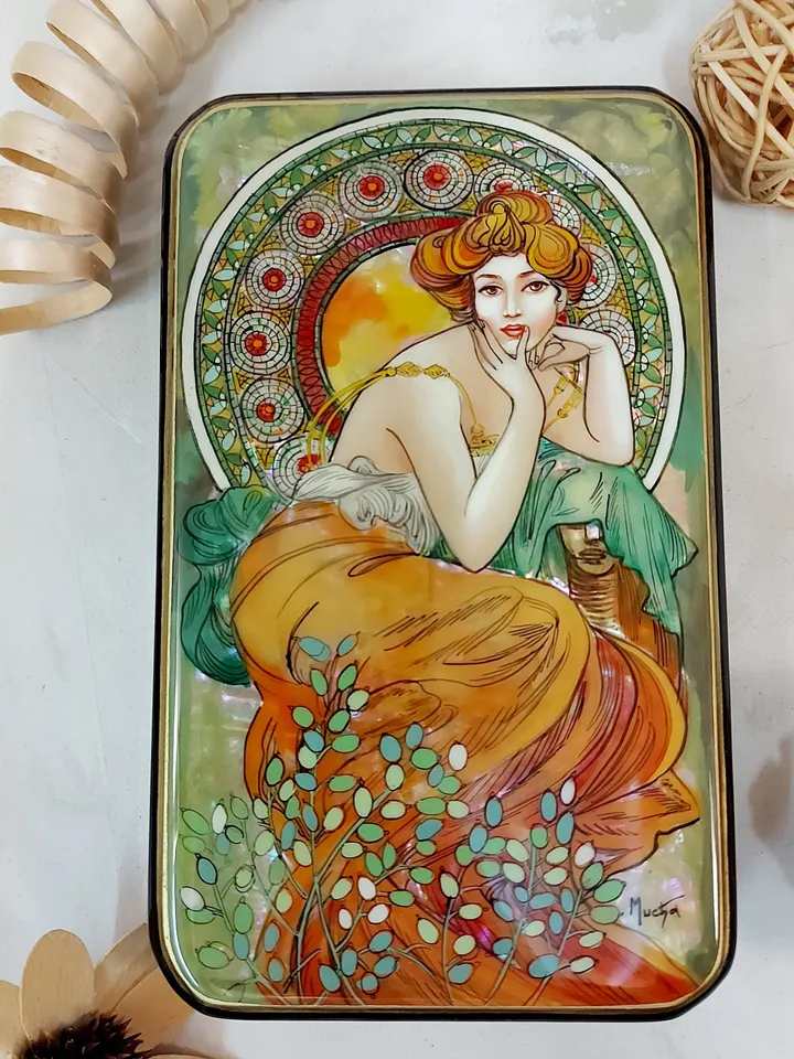Beautiful Lacquer Box Alphonse Mucha "Topaz" Hand painted miniature painting jewelry box Mother of pearl Papier mache Art gift Fedoskino