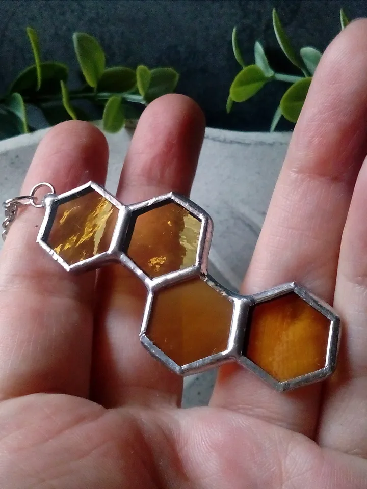 Honeycomb glass necklace, stained glass honeycomb, honey bee decor, bee art, honey bee jewelry, bee lover gift,