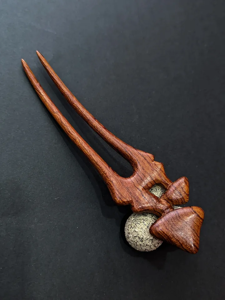 Carved wooden hairpin with mushrooms. Handmade hairpin from African bubinga wood.