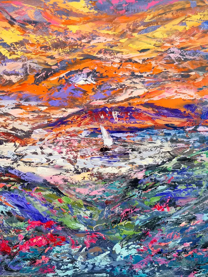 Sailboat Mountain Flowers Sunset Original Art Oil Painting Artist Svinar Oksana