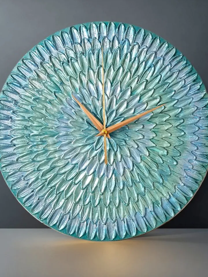 Metallic blue teal wall clock Modern art clock Handmade wall clock Silent clock